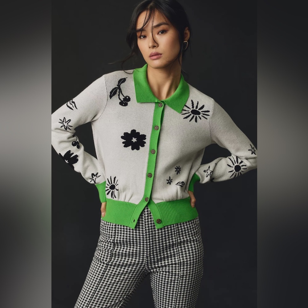 Maeve White Cardigan with Bright Green Trim and Black Floral Motif